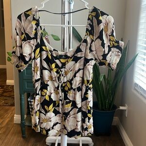 Volcom Black and White Puff Sleeve Peplum Blouse